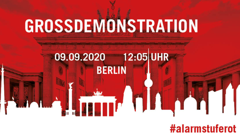 Banner der #alarmstuferot Großdemonstration am 09.09.2020 in Berlin